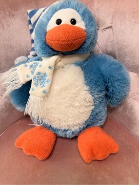 Plush Blue & Orange Penguin Bird Toy with Snowflake Scarf